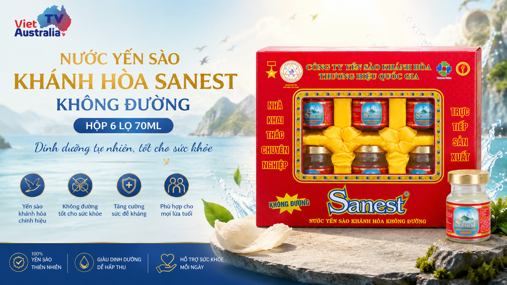 Nước Yến Sào Khánh Hoà Sanest Không Đường (Hộp 6 lọ x 70ml)