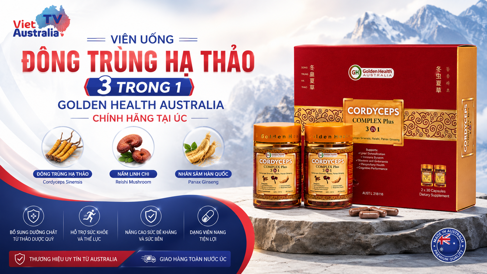 Viên Uống Đông Trùng Hạ Thảo 3 Trong 1 Golden Health Australia